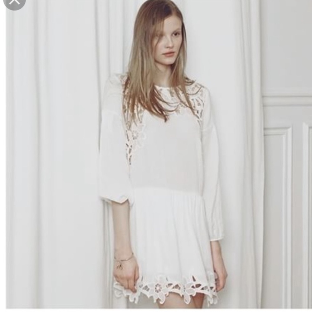 Sandro Paris Women Dress Cotton White Mini Romantic Floral Lace Detail Size 1